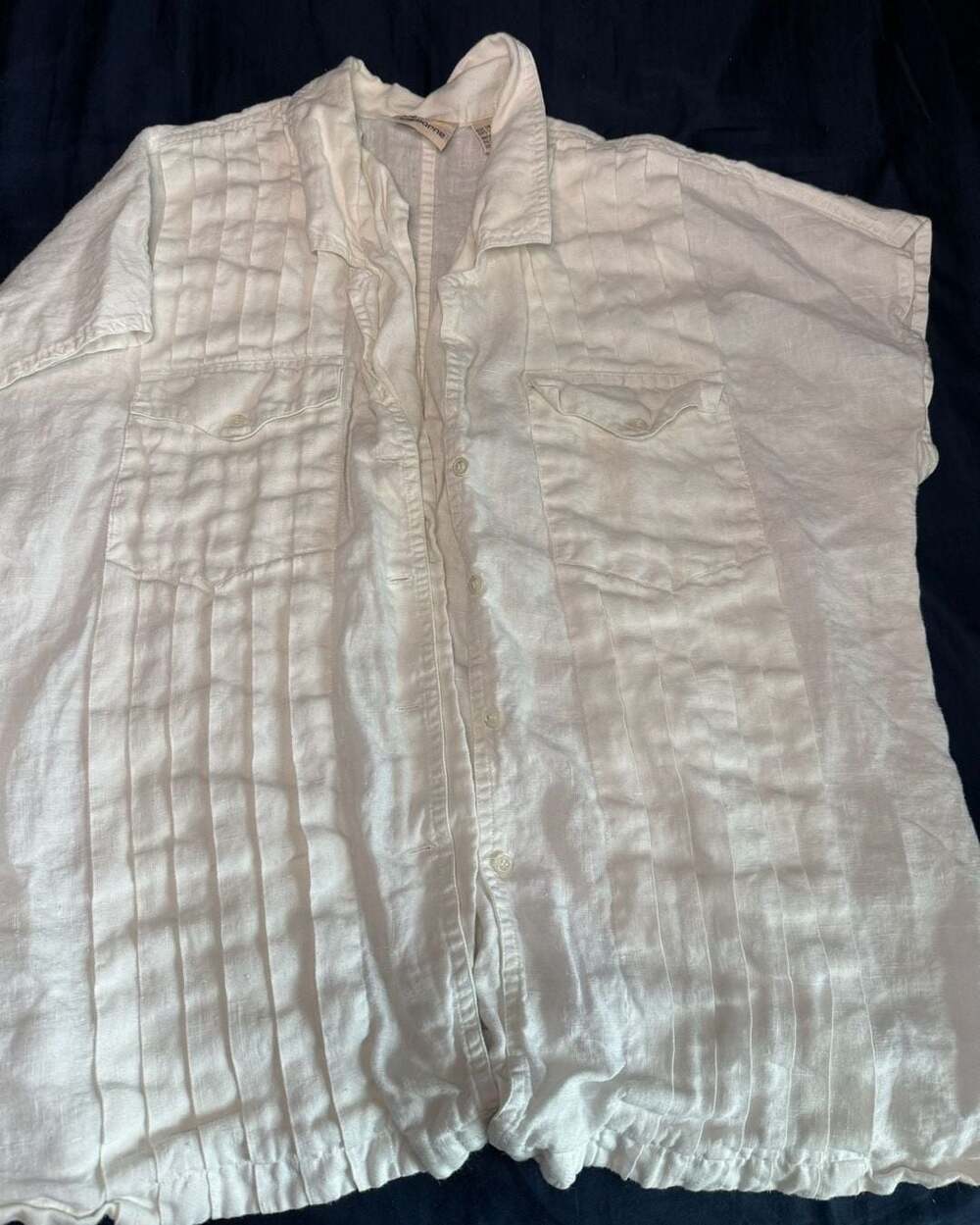 Liz Claiborne Vintage White 100% Linen Pleated Button Up Blouse Size 14